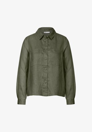 Oliven grøn linned skjorte med knap, krave, to brystlommer og lange ærmer med knapmanchetter, der har en glat tekstur.