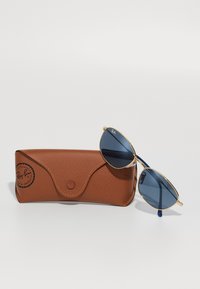 Ruskea nahkainen Ray-Ban -aurinkolasikotelo, jonka päällä on sinisävyiset lentäjäaurinkolasit valkoisella pinnalla.