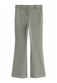 Sort-hvid houndstooth-mønstrede flared bukser i vævet stof med knaplukning og bæltestropper. Lige snit med en forlænget form.