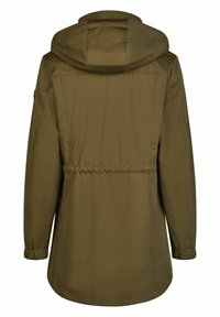 Olivgrüne Jacke mit tailliertem Schnitt, vollem Kapuze, elastischen Bündchen und glattem, wasserabweisendem Material. Schlichte Rückendesign.