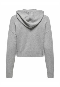 Lühendatud hall kapuutsiga sviiter, soonikuga mansetid ja hem. Pehme tekstuur, lõdvestunud istuvus ja madalad õlad. Pole nähtavaid kinnitusi ega mustreid.