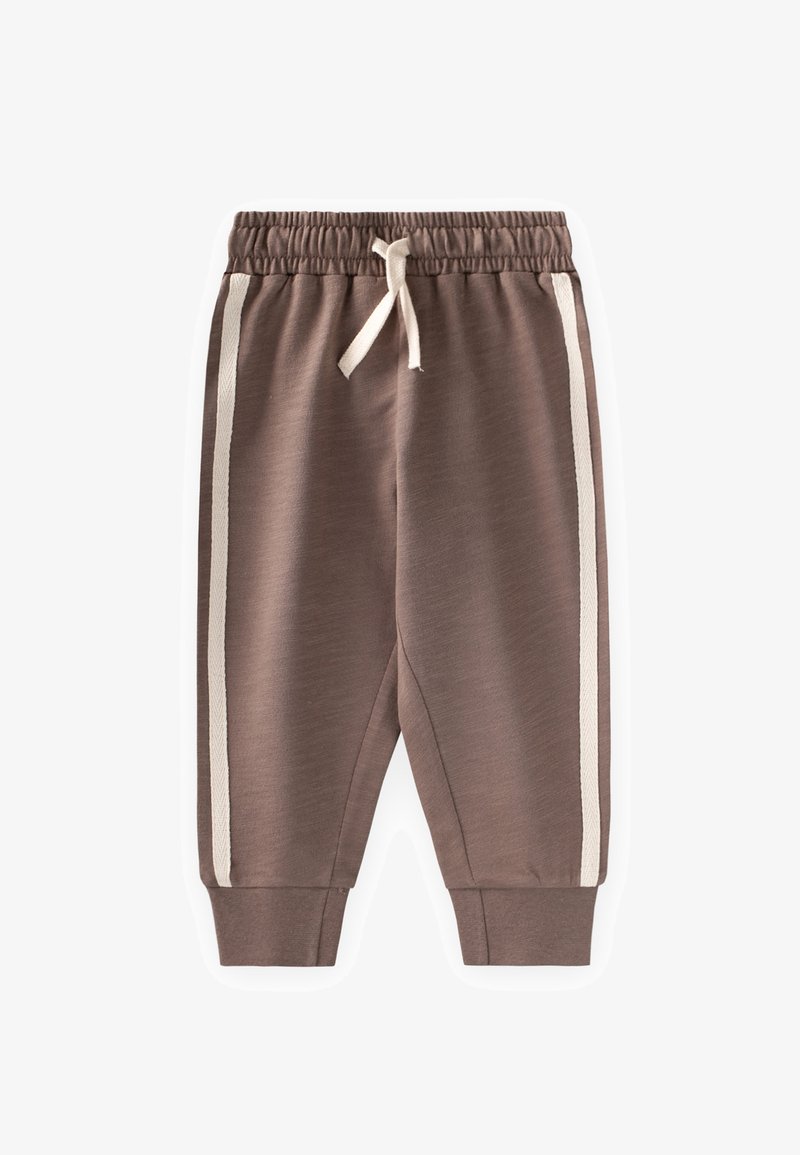 Pantalon de survêtement marron pour tout-petit avec ceinture élastique, cordon de serrage blanc, bandes latérales blanches et poignets côtelés aux chevilles.