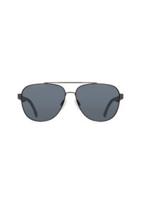 Occhiali da sole aviator in metallo con lenti grigie scure, montatura nera sottile e para-naso bianco; design elegante con un sottile doppio brow bar.