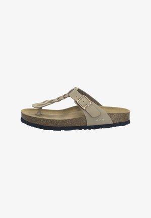 Beige thong-sandal med flettet rem, justerbar spænde, polstret kork-fodbed og sort tekstureret sål.