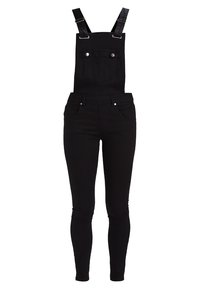 Salopette en jean noire slim fit avec bretelles réglables, poche poitrine avant avec boutons, et poches latérales.