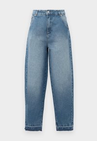Jeans in denim azzurro chiaro con vita alta, vestibilità ampia, design a cinque tasche e orli sfilacciati. Presentano cuciture classiche e una chiusura con zip.