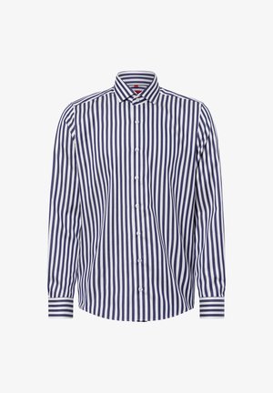 Gestreiften Langarmhemd mit navy- und weißen vertikalen Streifen, einem Button-Down-Kragen und einer Knopfleiste mit kontrastierenden Streifen an den Manschetten.