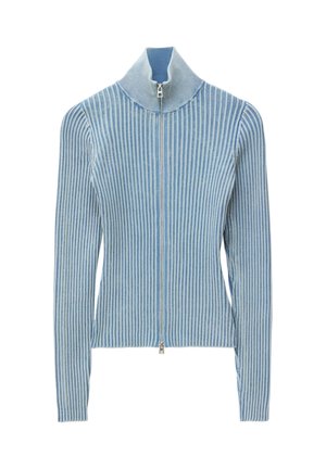 Šviesiai mėlynas megztinis su užtrauktuku, iš megztos audinio, su aukštu apykakliu ir ilgomis rankovėmis, puoštas vertikaliomis juostomis ir prigludusiu siluetu.
