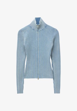 Šviesiai mėlynas megztinis su užtrauktuku, iš megztos audinio, su aukštu apykakliu ir ilgomis rankovėmis, puoštas vertikaliomis juostomis ir prigludusiu siluetu.