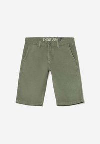 Olijfgroene chino shorts met een relaxed fit, voorzien van zijzakken en een merkband. Gemaakt van een zachte, duurzame stof.