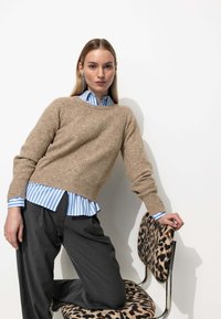Pull en maille beige, chemise rayée bleue et blanche en dessous, pantalon gris foncé, et chaise recouverte d'un tissu léopard.