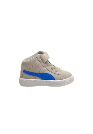 Scarpa alta in suede grigio chiaro con una striscia in gomma blu, caratterizzata da una suola in gomma bianca e una chiusura con velcro per una vestibilità sicura.