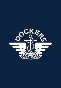 Das Dockers-Logo zeigt einen Anker und Flügel in Weiß auf einem navyblauen Hintergrund, mit "EST. 1986" unter dem Anker.