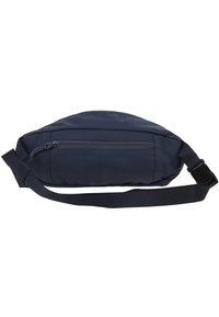 Marsupio blu navy realizzato in tessuto resistente, dotato di una tasca frontale con zip, una tracolla regolabile e una forma ovale elegante.