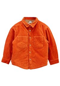 Koszula sztruksowa w jaskrawym pomarańczowym kolorze, z kołnierzykiem zapinanym na guziki, dwiema przednimi kieszeniami i widoczną, prążkowaną fakturą materiału.