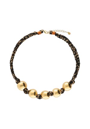 Geflochtene schwarze und beige Stoffkette mit fünf großen glänzenden goldenen Perlen und einem goldenen Verschluss mit Verlängerungskette.