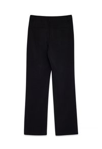 Melni bikses ar līdzenu priekšu, taisnām kājām un gludu tekstūru. Iekļauj divas aizmugurējās kabatas bez redzamām detaļām.