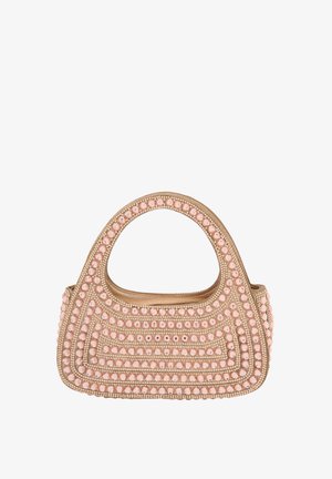 Perlekæde håndtaske med en rund top håndtag, der har en beige bund med pink dekorative perler arrangeret i et geometrisk mønster.