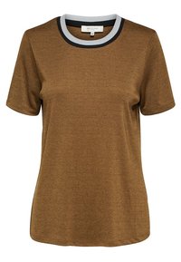 Brun kortærmet T-shirt med rund halsudskæring og grå og sort ribbet kant. Lavet af blødt, tekstureret stof. Casual pasform.