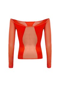 Röd långärmad topp med off-shoulder-design, med genomskinliga paneler och en figurnära silhuett med rynkdetaljer vid ärmarna.