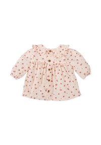 Vestido de algodón rosa claro con pequeño estampado floral, cuello con volantes, mangas largas y botones de madera marrones en la parte delantera.