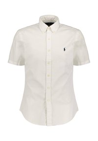 Koszula z krótkim rękawem na guziki, wykonana z kremowej bawełny, z klasycznym kołnierzykiem, dziewięcioma guzikami oraz niebieskim haftowanym logo na lewej piersi.