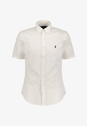 Korte mouwen overhemd met knopen in crème katoen stof, voorzien van een klassieke kraag, negen knopen en een blauw geborduurd logo op de linkerborst.