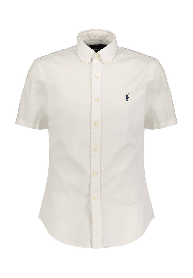 Koszula z krótkim rękawem na guziki, wykonana z kremowej bawełny, z klasycznym kołnierzykiem, dziewięcioma guzikami oraz niebieskim haftowanym logo na lewej piersi.