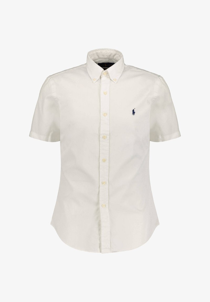 Koszula z krótkim rękawem na guziki, wykonana z kremowej bawełny, z klasycznym kołnierzykiem, dziewięcioma guzikami oraz niebieskim haftowanym logo na lewej piersi.