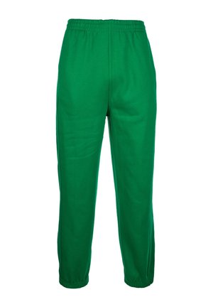 Pantalons de survêtement verts avec une taille élastique, des jambes fuselées et une texture lisse. Pas de poches visibles ni de motifs.