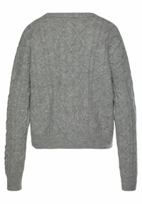 Grijze gebreide trui met een gestructureerd kabelontwerp, met een cropped silhouet en lange mouwen, voorzien van ribgebreide manchetten en zoom.