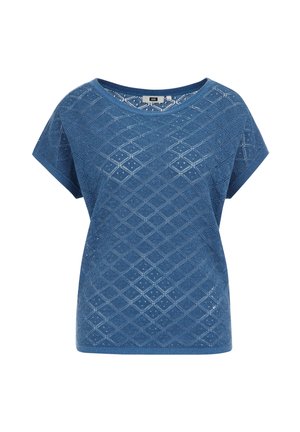 Maglione corto a maniche corte di colore blu, caratterizzato da una texture a motivo diamante con dettagli in openwork e un ampio scollo.