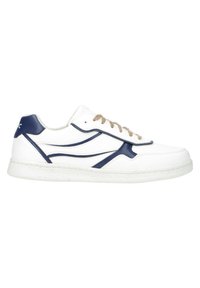 White athletic shoes with navy accents, textured leather and synthetic materials, round toe, and beige laces. Notable curved design elements.