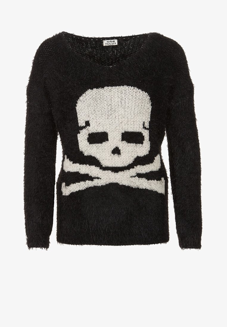 Pull en maille noire à poils avec un grand motif tête de mort et os croisés blancs à l'avant, manches longues et encolure ronde.