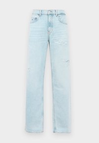 Jeans drept, cu talie înaltă, de culoare albastru deschis, cu ușoare deteriorări pe coapse și un design clasic cu cinci buzunare.