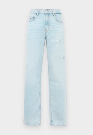Lyseblå høy midje, rette jeans med lett slitasje på lårene og klassisk fem-lommers design.