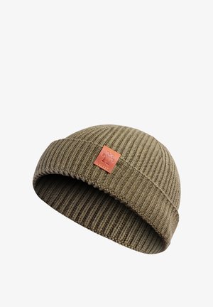 Olive green knit beanie with a ribbed texture, featuring a rectangular brown leather patch with a logo on the front.