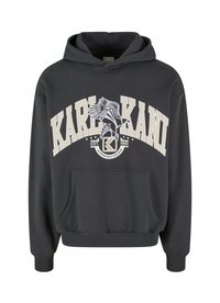 Grå hættetrøje med en front kængurulomme, der har en stor hvid grafik, som inkluderer "KARL KANI" og et ørnedesign.