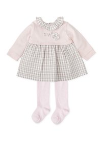 Vestido rosa de manga larga con cuello con volantes, falda a cuadros, bordado floral y medias a juego en rosa claro. Material de algodón suave.