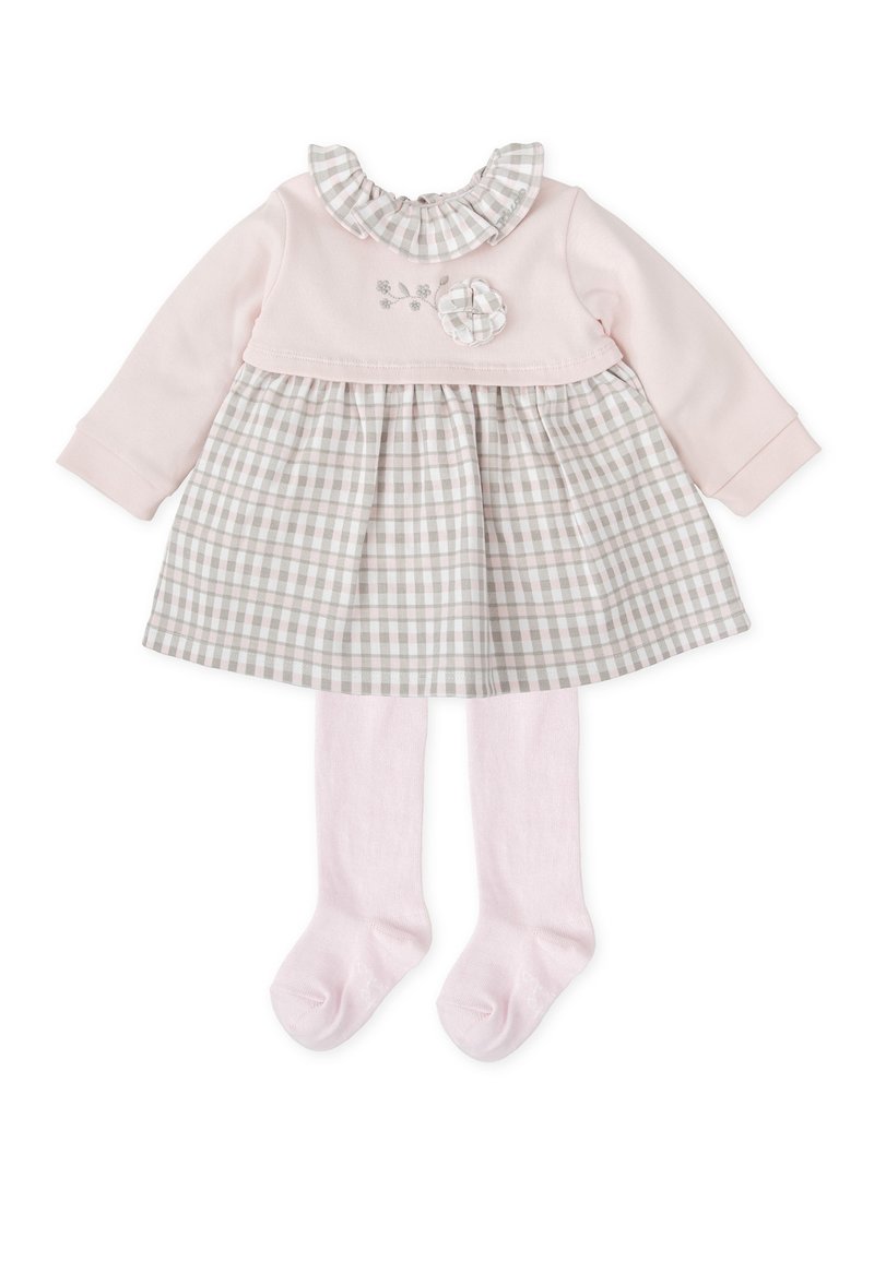 Vestido rosa de manga larga con cuello con volantes, falda a cuadros, bordado floral y medias a juego en rosa claro. Material de algodón suave.