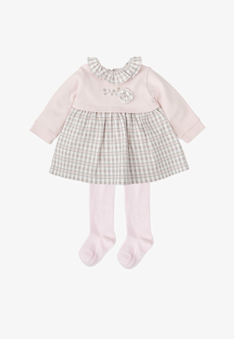 Vestido rosa de manga larga con cuello con volantes, falda a cuadros, bordado floral y medias a juego en rosa claro. Material de algodón suave.