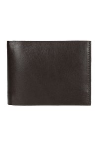 Portafoglio in pelle marrone con una texture liscia, forma rettangolare e bordi cuciti. Senza hardware o dettagli visibili.