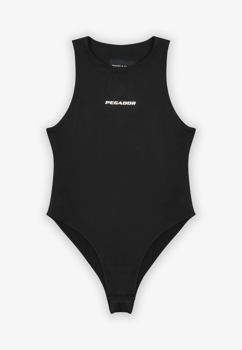 Black sleeveless one-piece swimsuit made of smooth fabric, featuring a high-cut leg design and a front logo printed in white.