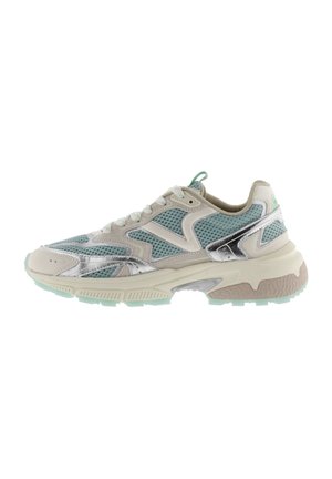 Zapatillas chunky con una parte superior de malla y sintético en beige y verde menta, con acentos plateados y suela de goma texturizada.