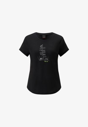 Black cotton T-shirt with short sleeves featuring white graphic print of animals and directional signs, and green text "FIRE + ICE" at the bottom.