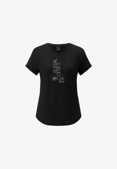 Black cotton T-shirt with short sleeves featuring white graphic print of animals and directional signs, and green text "FIRE + ICE" at the bottom.