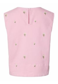 Blouse rose pâle sans manches avec de petites broderies de marguerites blanches dispersées sur le tissu et une fente en forme de trou de serrure au dos.
