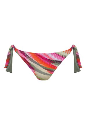 Dół bikini z wielokolorowym wzorem w odcieniach różu, pomarańczu, zieleni i szarości, z sznurkami po obu stronach i gładką strukturą materiału.