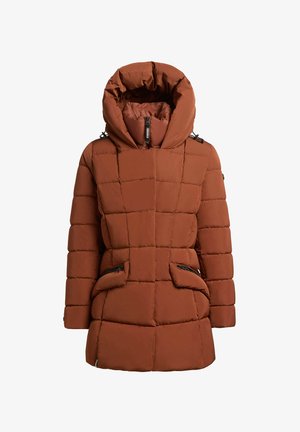 Roodbruine gewatteerde pufferjack met hoge gewatteerde kraag, verstelbare capuchon, ritszakken aan de voorkant en lange mouwen.