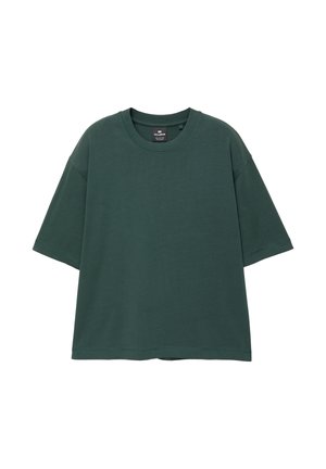 Dark green oversized T-shirt made of soft fabric, featuring a round neckline and short sleeves with a loose, relaxed fit.
